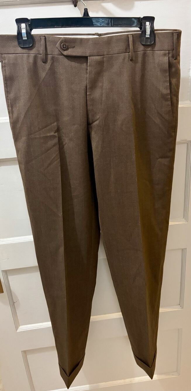 Zanella Parker Flat Front 100% Wool Luxury $399 Pant in Brown 30 X 30 Perfect